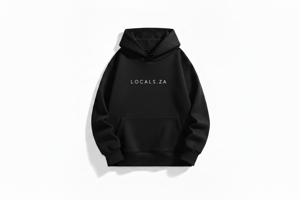 Black hoodie with white LOCALS.ZA text
