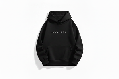 Black hoodie with white LOCALS.ZA text