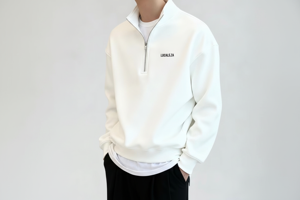 White Quarter-Zip with LOCALS.ZA Stitching